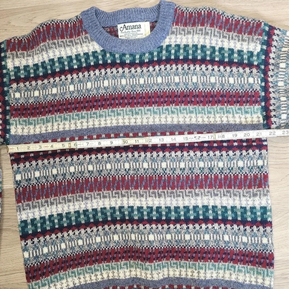Vintage Amana Mens Blue Fair Isle Academia Teacher 100% Wool Crewneck Sweater  M